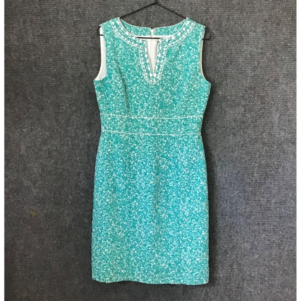 Tahari ASL Womens Sheath Dress Green Size 8 Sleeveless Knee Length 100% Cotton